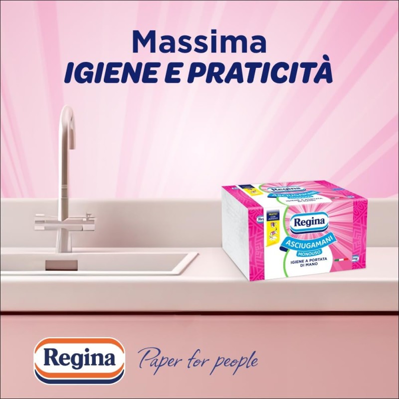 Regina Asciugamani Monouso – 5 Confezioni da 100 Servizi ciascuna, Asciugamani Usa e Getta Pratici ed Igienici, 100% Cellulosa FSC, Biodegradabili, Confezione Dispenser - 5 Unità (Confezione da 1)