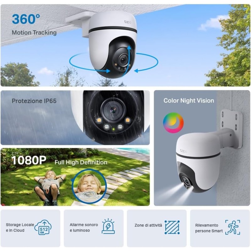 Tapo C500 Telecamera Wi-Fi Esterno FHD, 360° Visuale, Telecamera IP di Sorveglianza, IP65, Visione Notturna a Colori, Rilevamenti Smart AI, Audio Bidirezionale, Allarme sonoro personalizzato Tapo C500 Telecamera Wi-Fi Esterno FHD, 360° Visuale, Telecamera IP di Sorveglianza, IP65, Visione Notturna a Colori, Rilevamenti Smart AI, Audio Bidirezionale, Allarme sonoro personalizzato