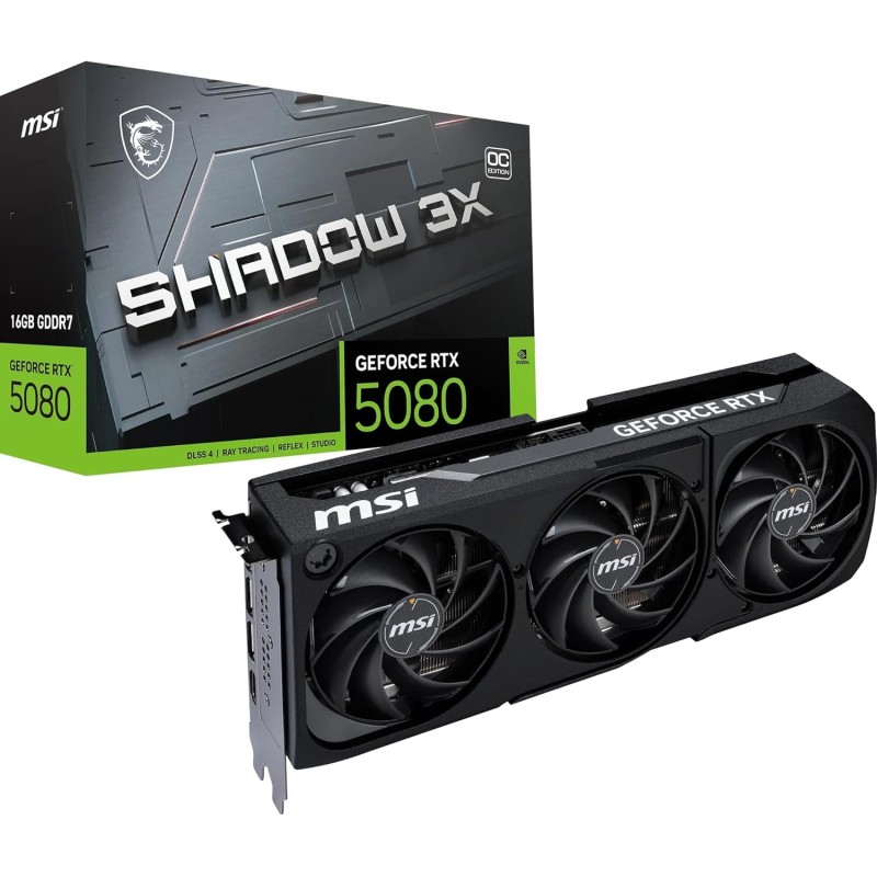 msi GeForce RTX 5080 16G SHADOW 3X OC Scheda Grafica - GPU RTX 5080, 16GB GDDR7 (30Gbps/256-bit), PCIe 5.0 - Design a tripla ventola (3 x TORX FAN 5.0) - HDMI 2.1b, DisplayPort 2.1b msi GeForce RTX 5080 16G SHADOW 3X OC Scheda Grafica - GPU RTX 5080, 16GB GDDR7 (30Gbps/256-bit), PCIe 5.0 - Design a tripla ventola (3 x TORX FAN 5.0) - HDMI 2.1b, DisplayPort 2.1b