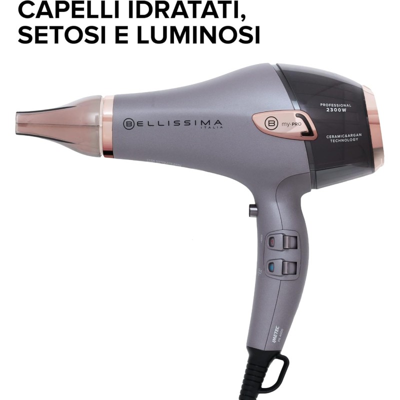 Bellissima Imetec - Asciugacapelli Professionale Ceramic & Argan Oil - Potente 2300W, Tecnologia Ceramica e Olio Argan, con Ionizzatare, Diffusore per Ricci, 2 Convogliatori per asciugatura e styling