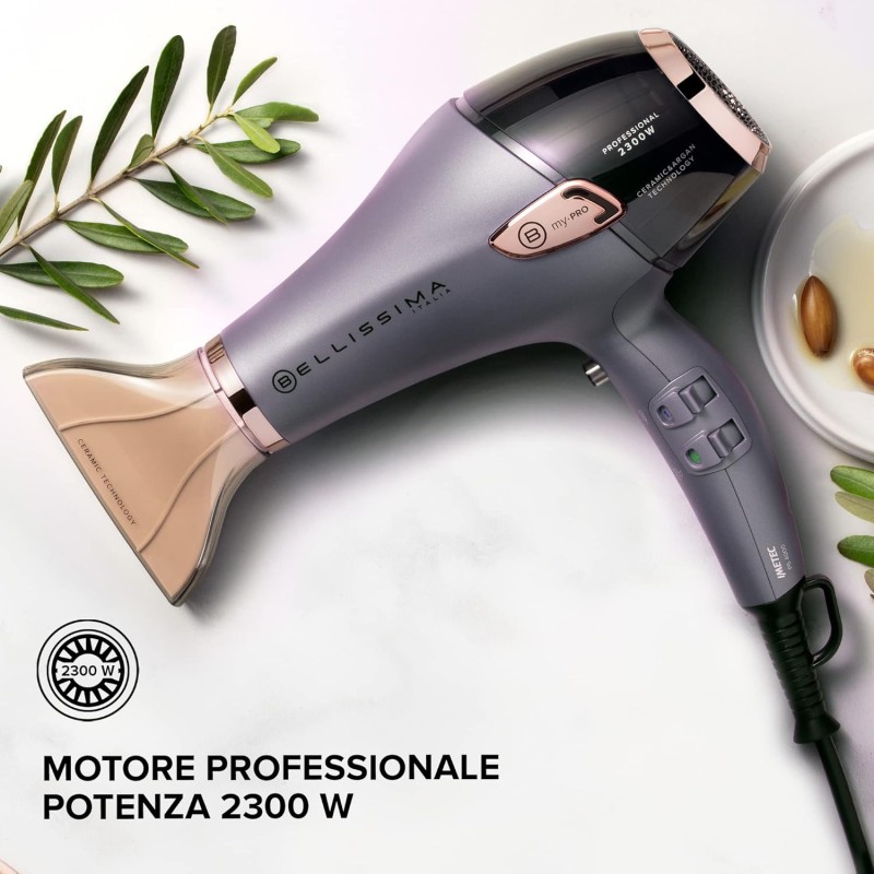 Bellissima Imetec - Asciugacapelli Professionale Ceramic & Argan Oil - Potente 2300W, Tecnologia Ceramica e Olio Argan, con Ionizzatare, Diffusore per Ricci, 2 Convogliatori per asciugatura e styling
