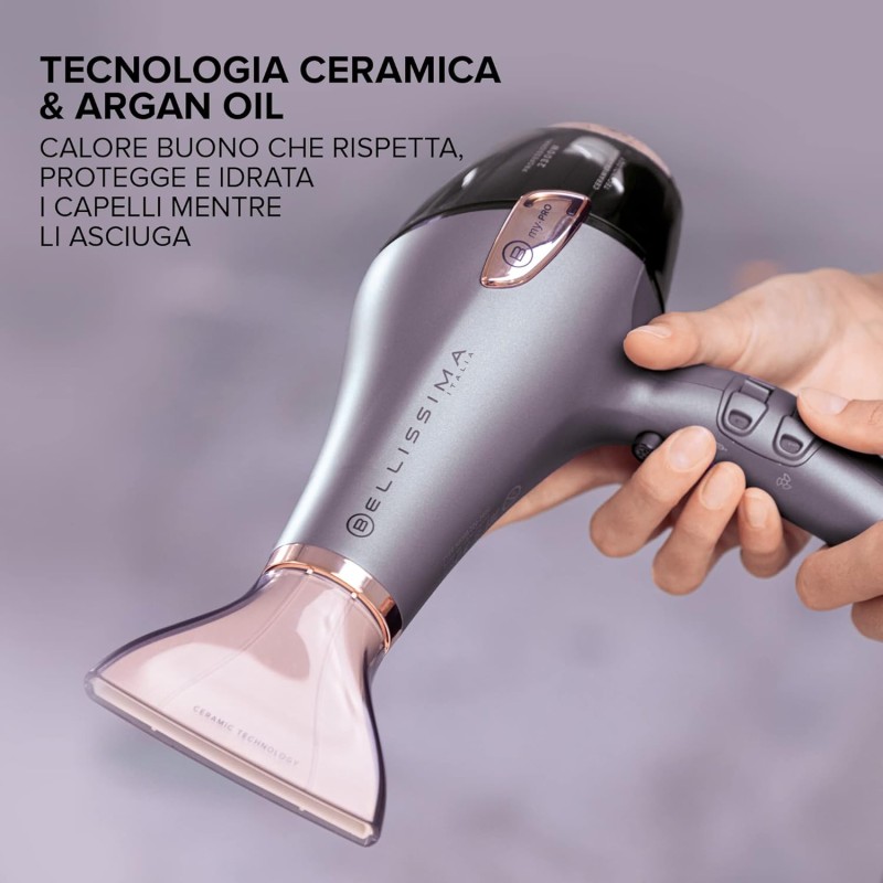 Bellissima Imetec - Asciugacapelli Professionale Ceramic & Argan Oil - Potente 2300W, Tecnologia Ceramica e Olio Argan, con Ionizzatare, Diffusore per Ricci, 2 Convogliatori per asciugatura e styling