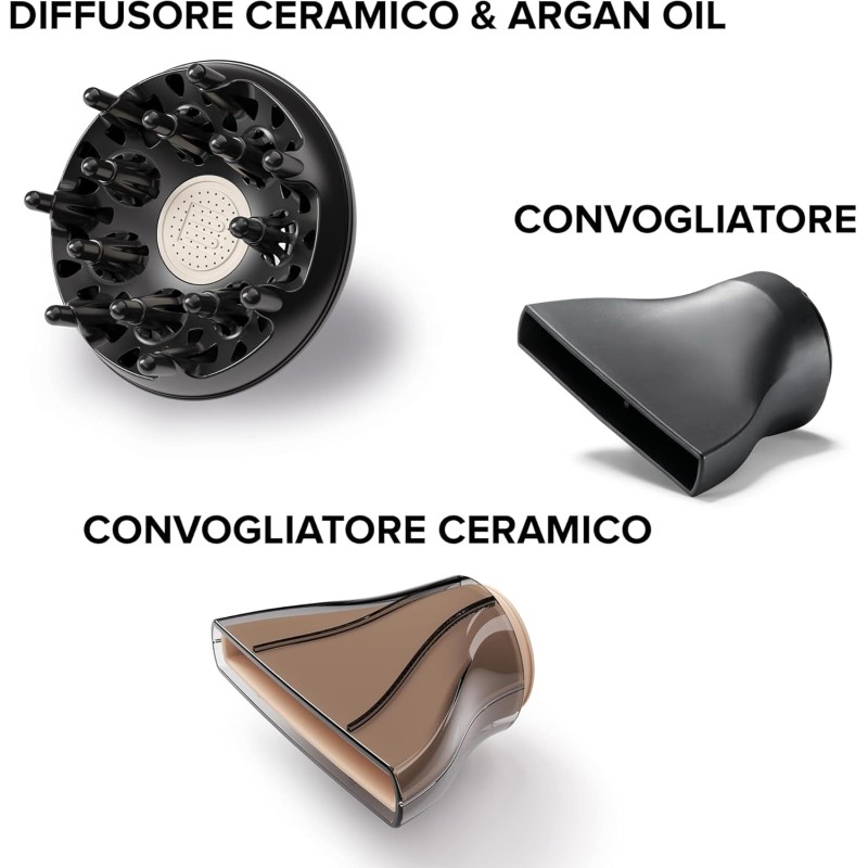 Bellissima Imetec - Asciugacapelli Professionale Ceramic & Argan Oil - Potente 2300W, Tecnologia Ceramica e Olio Argan, con Ionizzatare, Diffusore per Ricci, 2 Convogliatori per asciugatura e styling