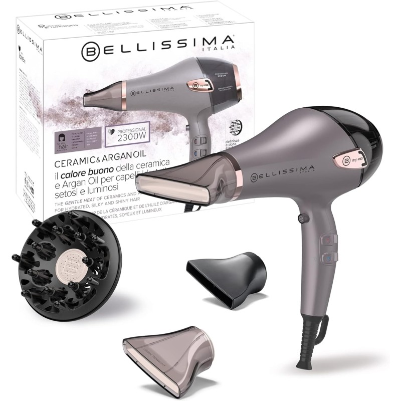 Bellissima Imetec - Asciugacapelli Professionale Ceramic & Argan Oil - Potente 2300W, Tecnologia Ceramica e Olio Argan, con Ionizzatare, Diffusore per Ricci, 2 Convogliatori per asciugatura e styling