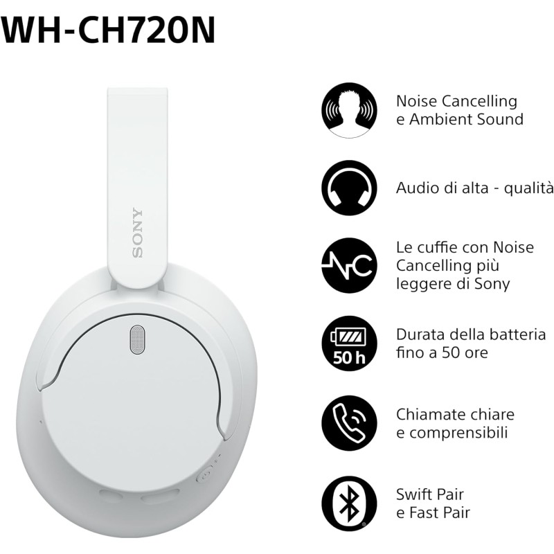 Sony WH-CH720N | Cuffie Wireless con Noise Cancelling, Connessione Multipoint, Fino a 35 ore di durata della batteria e Ricarica Rapida - Bianco - Bianco