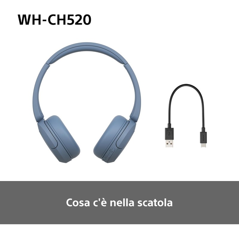 Sony WH-CH520 | Cuffie Wireless, Connessione Multipoint, con Microfono, Fino a 50 ore di durata della batteria con Ricarica rapida - Blu - BLU