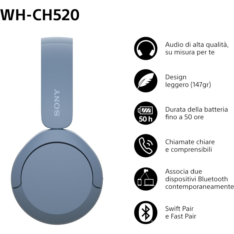 Sony WH-CH520 | Cuffie Wireless, Connessione Multipoint, con Microfono, Fino a 50 ore di durata della batteria con Ricarica rapida - Blu - BLU