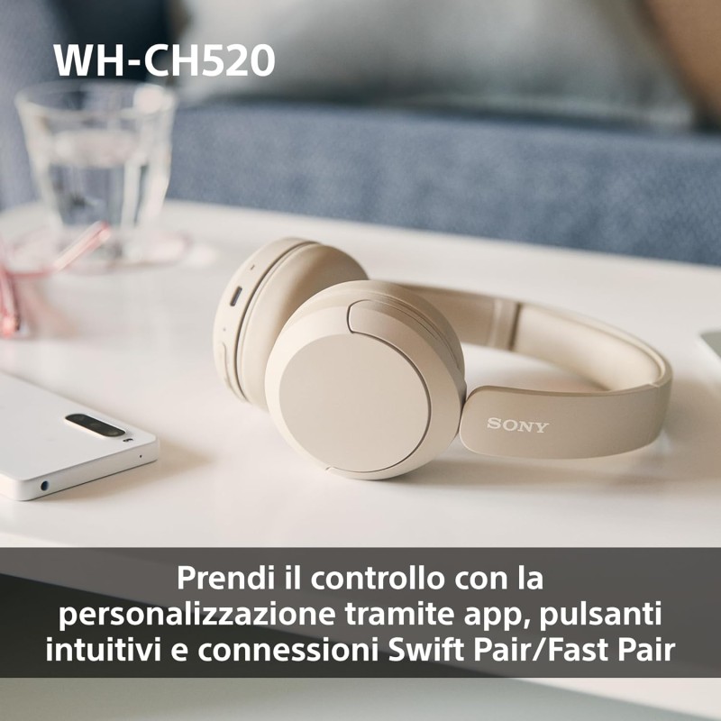 Sony WH-CH520 | Cuffie Wireless, Connessione Multipoint, con Microfono, Fino a 50 ore di durata della batteria con Ricarica rapida - Blu - BLU