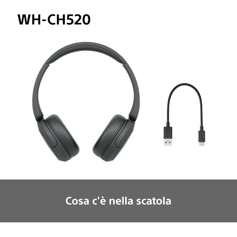 Sony WH-CH520 | Cuffie Wireless, Connessione Multipoint, con Microfono, Fino a 50 ore di durata della batteria con Ricarica rapida - Nero - NERO