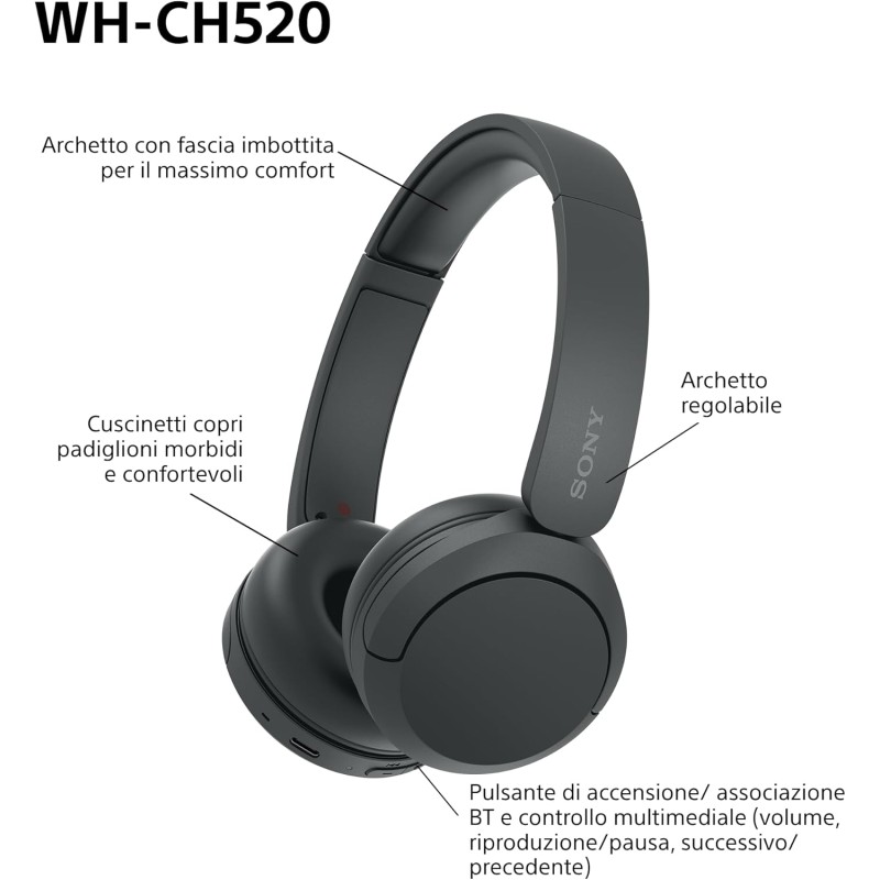 Sony WH-CH520 | Cuffie Wireless, Connessione Multipoint, con Microfono, Fino a 50 ore di durata della batteria con Ricarica rapida - Nero - NERO