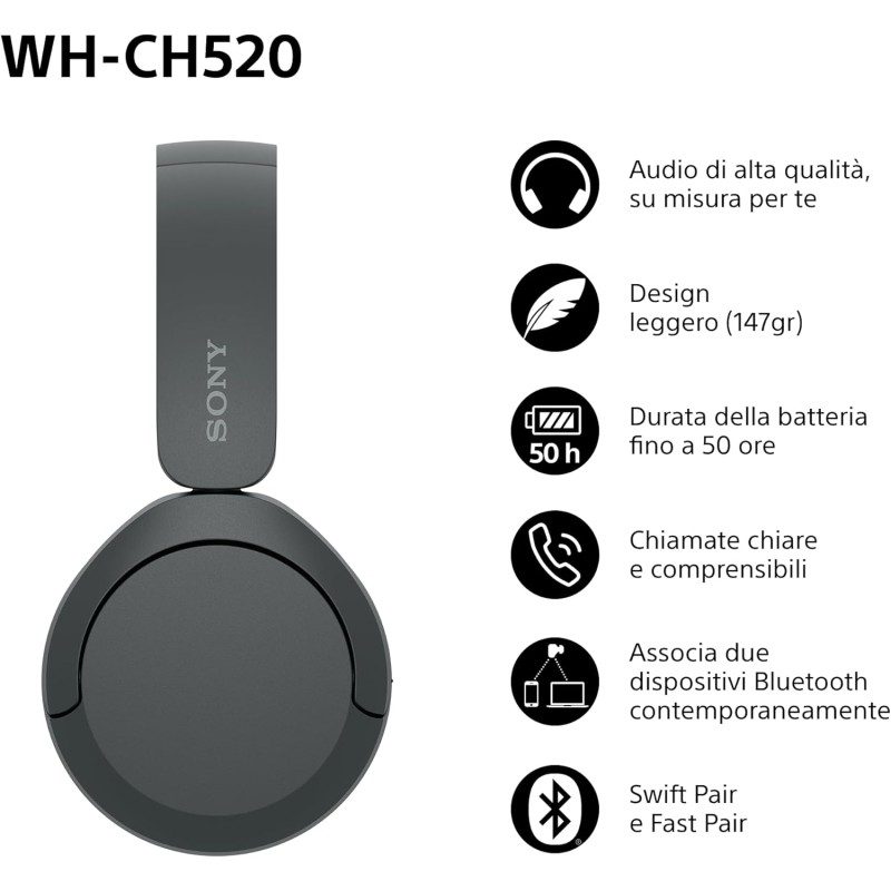 Sony WH-CH520 | Cuffie Wireless, Connessione Multipoint, con Microfono, Fino a 50 ore di durata della batteria con Ricarica rapida - Nero - NERO