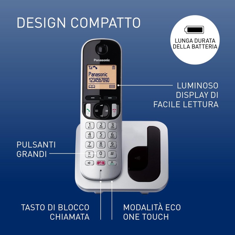 Panasonic KX-TGC250JTS Telefono Cordless Digitale, Unità Base e Ricevitore Singolo, ID Chiamante, Blocco Chiamate Indesiderate, Vivavoce, Modalità Eco One Touch, Sveglia Evoluta, Display LCD, Argento - Argento Panasonic KX-TGC250JTS Telefono Cordless Digitale, Unità Base e Ricevitore Singolo, ID Chiamante, Blocco Chiamate Indesiderate, Vivavoce, Modalità Eco One Touch, Sveglia Evoluta, Display LCD, Argento - Argento