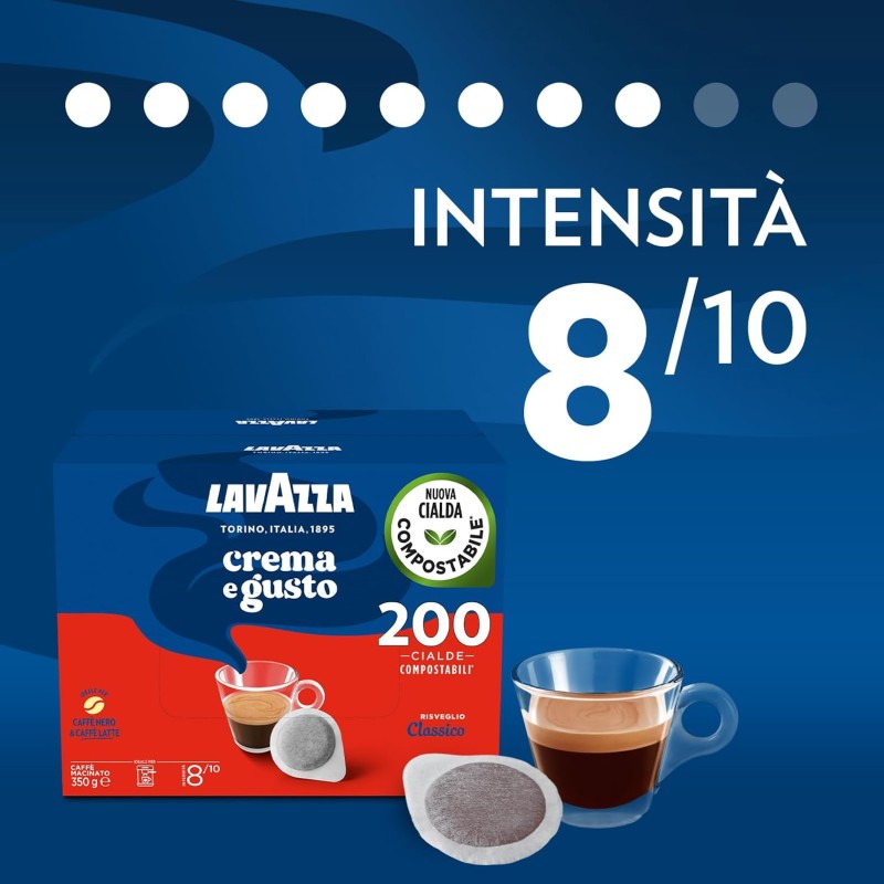 Lavazza, Crema e Gusto Classico, Caffè per Macchine Espresso, Arabica e Robusta con Note di Legno e Tabacco, Intensità 8/10, Tostatura Scura, 4 Confezioni Da 50 Cialde Lavazza, Crema e Gusto Classico, Caffè per Macchine Espresso, Arabica e Robusta con Note di Legno e Tabacco, Intensità 8/10, Tostatura Scura, 4 Confezioni Da 50 Cialde