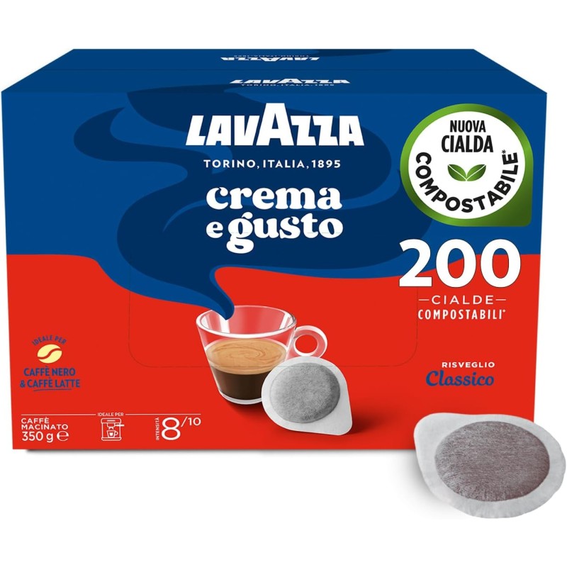 Lavazza, Crema e Gusto Classico, Caffè per Macchine Espresso, Arabica e Robusta con Note di Legno e Tabacco, Intensità 8/10, Tostatura Scura, 4 Confezioni Da 50 Cialde Lavazza, Crema e Gusto Classico, Caffè per Macchine Espresso, Arabica e Robusta con Note di Legno e Tabacco, Intensità 8/10, Tostatura Scura, 4 Confezioni Da 50 Cialde