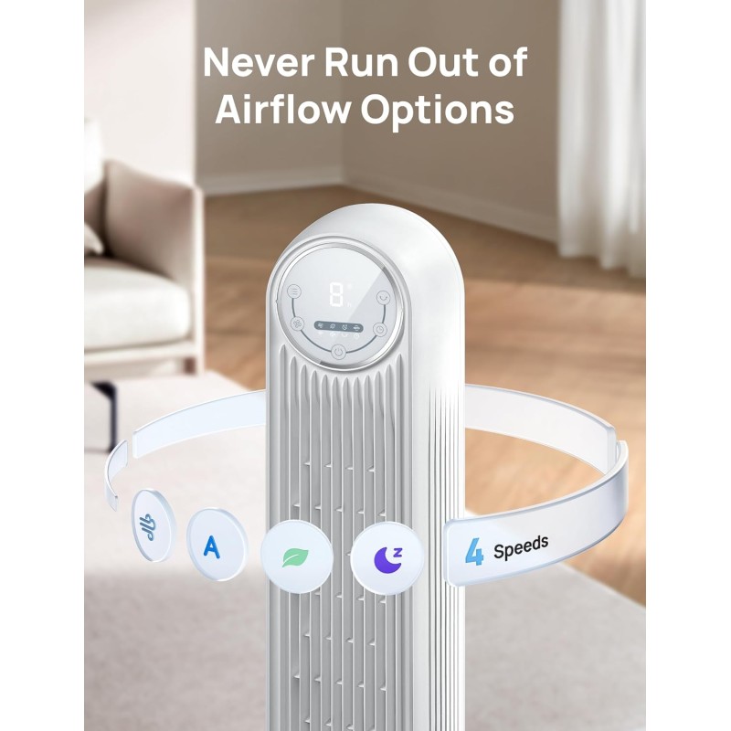 Dreo Ventilatore a Torre Smart Silenzioso, Potente 7.6 m/s, Ventilatori a Colonna con Telecomando, 4 Modalità, 4 Velocità, Oscillazione a 90°, Timer da 1 a 8 ore, Schermo LED, Compatibile con Alexa - Bianco