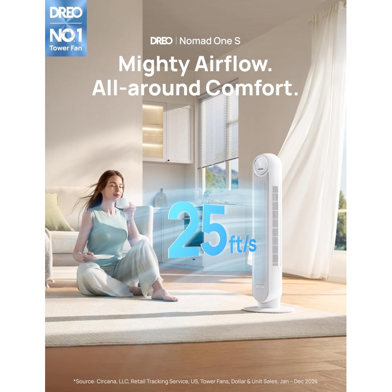 Dreo Ventilatore a Torre Smart Silenzioso, Potente 7.6 m/s, Ventilatori a Colonna con Telecomando, 4 Modalità, 4 Velocità, Oscillazione a 90°, Timer da 1 a 8 ore, Schermo LED, Compatibile con Alexa - Bianco