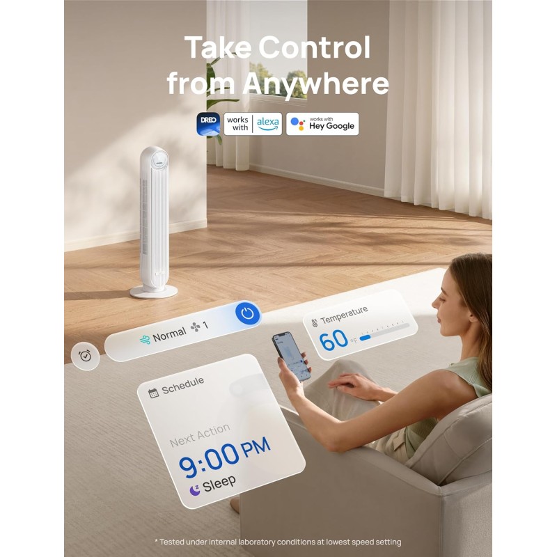 Dreo Ventilatore a Torre Smart Silenzioso, Potente 7.6 m/s, Ventilatori a Colonna con Telecomando, 4 Modalità, 4 Velocità, Oscillazione a 90°, Timer da 1 a 8 ore, Schermo LED, Compatibile con Alexa - Bianco