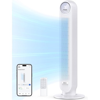 Dreo Ventilatore a Torre Smart Silenzioso, Potente 7.6 m/s, Ventilatori a Colonna con Telecomando, 4 Modalità, 4 Velocità, Oscillazione a 90°, Timer da 1 a 8 ore, Schermo LED, Compatibile con Alexa - Bianco