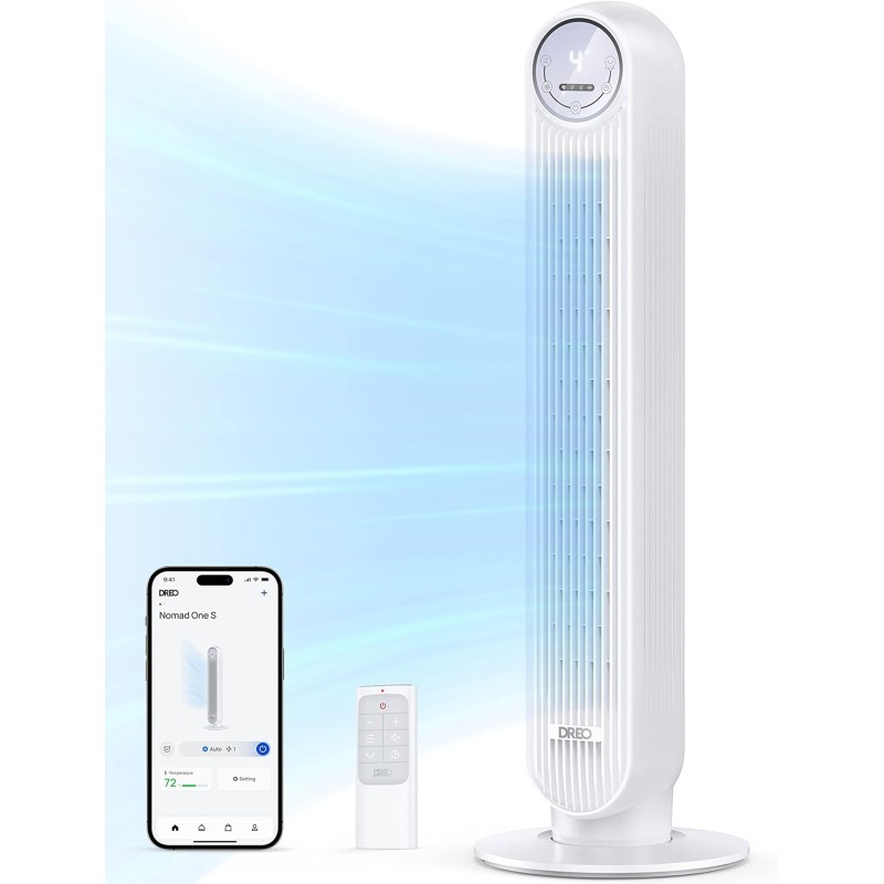 Dreo Ventilatore a Torre Smart Silenzioso, Potente 7.6 m/s, Ventilatori a Colonna con Telecomando, 4 Modalità, 4 Velocità, Oscillazione a 90°, Timer da 1 a 8 ore, Schermo LED, Compatibile con Alexa - Bianco