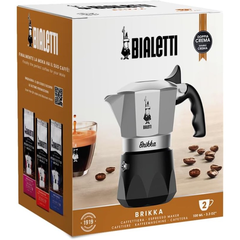 Bialetti Caffettiera New Brikka 2023, 2 Tazze, Espresso Cremoso come al Bar, Non Adatta a Piano Induzione, Manico antiscottatura, Design Elegante, Alluminio - 2 Tazze