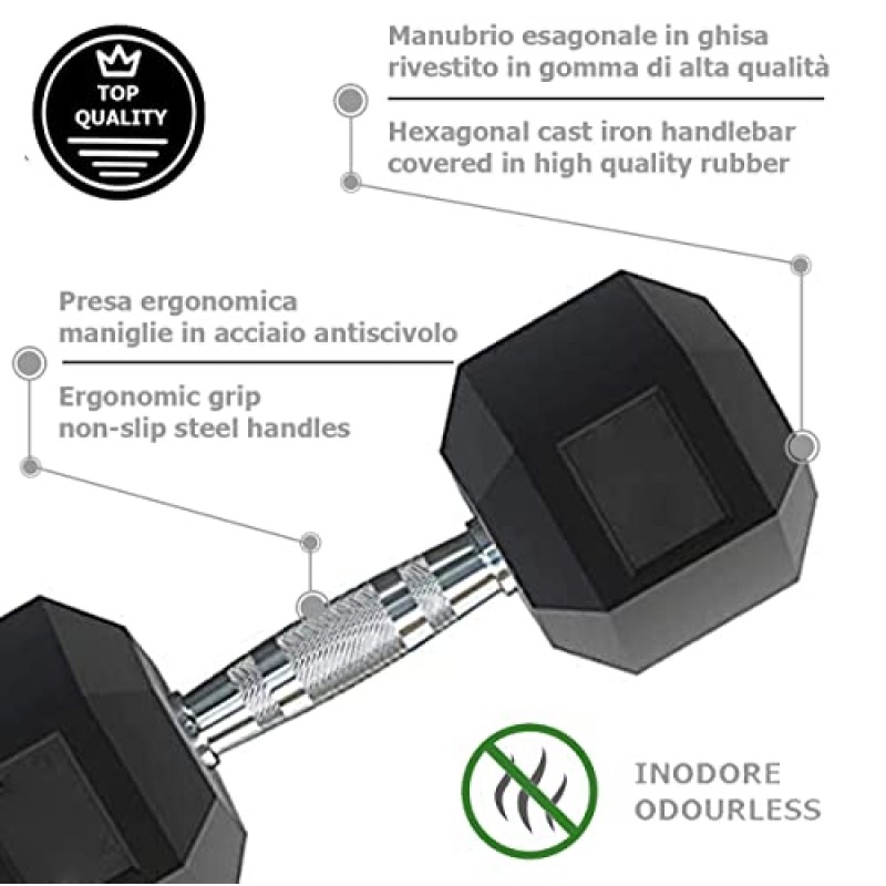 Manubrio Esagonale Gommato Professionale da 1 A 50 kg Pesistica Palestre O Home Gym Impugnatura Ergonomica Antiscivolo - 2 x 2 Kg