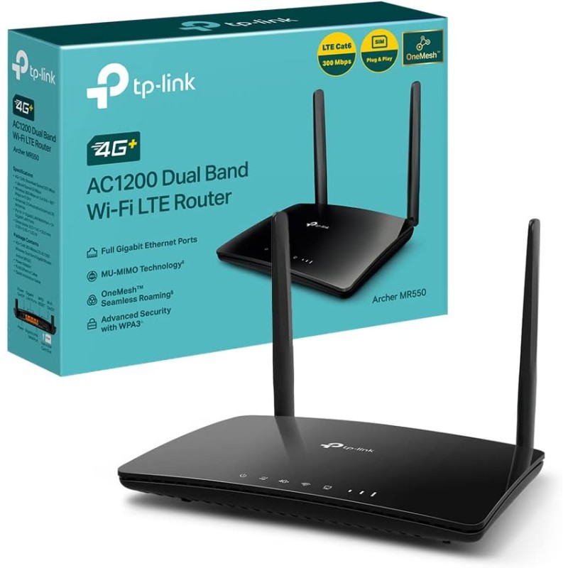 TP-Link Archer MR550 Router 4G+ Cat6 300Mbps, Wi-Fi AC1200 Dual Band, Router 4g con Sim, MicroSIM, Porta LAN/WAN Gigabit, MU-MIMO, Senza Configurazione, Tecnologia TP-Link OneMesh