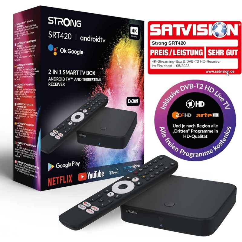 STRONG - Streaming Box Android TV + DVB-T 4K UHD - SRT420 - Chromecast integrato - Compatibile con Google Voice Assistant - Dolby Audio e Dolby Vision - Facile da installare - Nero