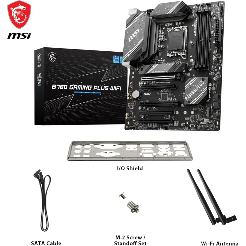 MSI Scheda madre B760 Gaming Plus WiFi, ATX - Supporta processori Intel Core di 12a e 13a generazione, LGA 1700 - DDR5 Memory Boost 6800+MHz/OC, 2 x PCIe 4.0 x16, 2 x M.2 Gen4, LAN 2.5G - ATX MSI Scheda madre B760 Gaming Plus WiFi, ATX - Supporta processori Intel Core di 12a e 13a generazione, LGA 1700 - DDR5 Memory Boost 6800+MHz/OC, 2 x PCIe 4.0 x16, 2 x M.2 Gen4, LAN 2.5G - ATX