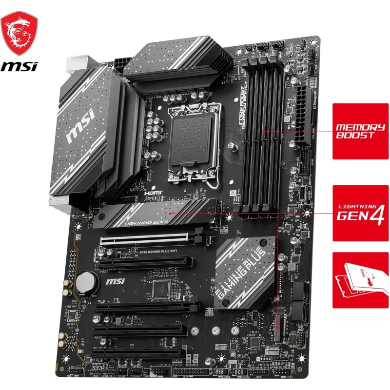 MSI Scheda madre B760 Gaming Plus WiFi, ATX - Supporta processori Intel Core di 12a e 13a generazione, LGA 1700 - DDR5 Memory Boost 6800+MHz/OC, 2 x PCIe 4.0 x16, 2 x M.2 Gen4, LAN 2.5G - ATX MSI Scheda madre B760 Gaming Plus WiFi, ATX - Supporta processori Intel Core di 12a e 13a generazione, LGA 1700 - DDR5 Memory Boost 6800+MHz/OC, 2 x PCIe 4.0 x16, 2 x M.2 Gen4, LAN 2.5G - ATX