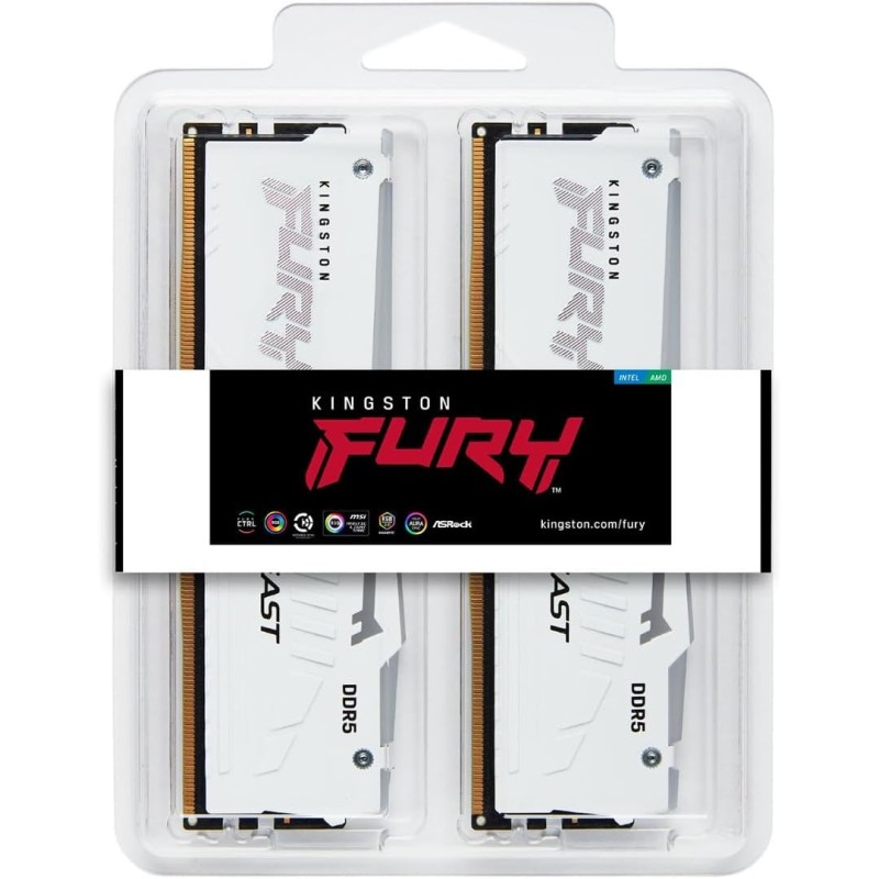 Kingston FURY Beast Bianco RGB XMP 32GB 6000MT/s DDR5 CL40 DIMM Memoria Gaming per Computer Fissi Kit da 2 - KF560C40BWAK2-32 - 32GB Bianco