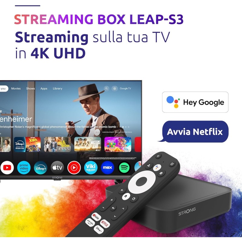 STRONG - Streaming Box Android TV 4K UHD - Leap-S3 - Chromecast integrato - Compatibile con Google Voice Assistant - Dolby Atmos e Dolby Vision - Facile da installare - Nero STRONG - Streaming Box Android TV 4K UHD - Leap-S3 - Chromecast integrato - Compatibile con Google Voice Assistant - Dolby Atmos e Dolby Vision - Facile da installare - Nero