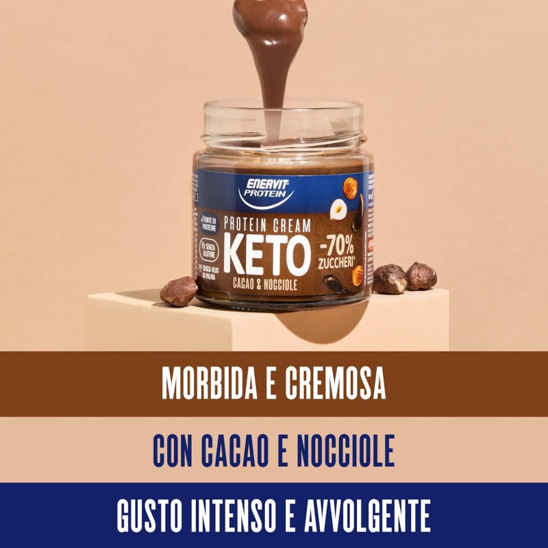 Enervit, Protein Cream Keto Cacao e Nocciole, -70% di Zuccheri, Crema Proteica Spalmabile con Cacao e Nocciole, Per una Colazione Golosa e Saziante, Senza Glutine, Barattolo da 180gr