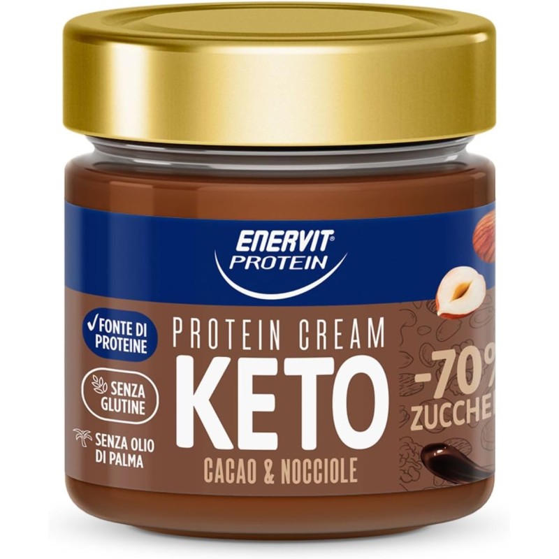 Enervit, Protein Cream Keto Cacao e Nocciole, -70% di Zuccheri, Crema Proteica Spalmabile con Cacao e Nocciole, Per una Colazione Golosa e Saziante, Senza Glutine, Barattolo da 180gr