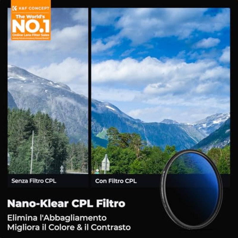 K&F CONCEPT Nano-Klear Filtro Polarizzatore Circolare CPL in Vetro Ottico con Nano-Rivestimento per Obiettivi 72mm + Un Panno di Pulizia - 72mm K&F CONCEPT Nano-Klear Filtro Polarizzatore Circolare CPL in Vetro Ottico con Nano-Rivestimento per Obiettivi 72mm + Un Panno di Pulizia - 72mm