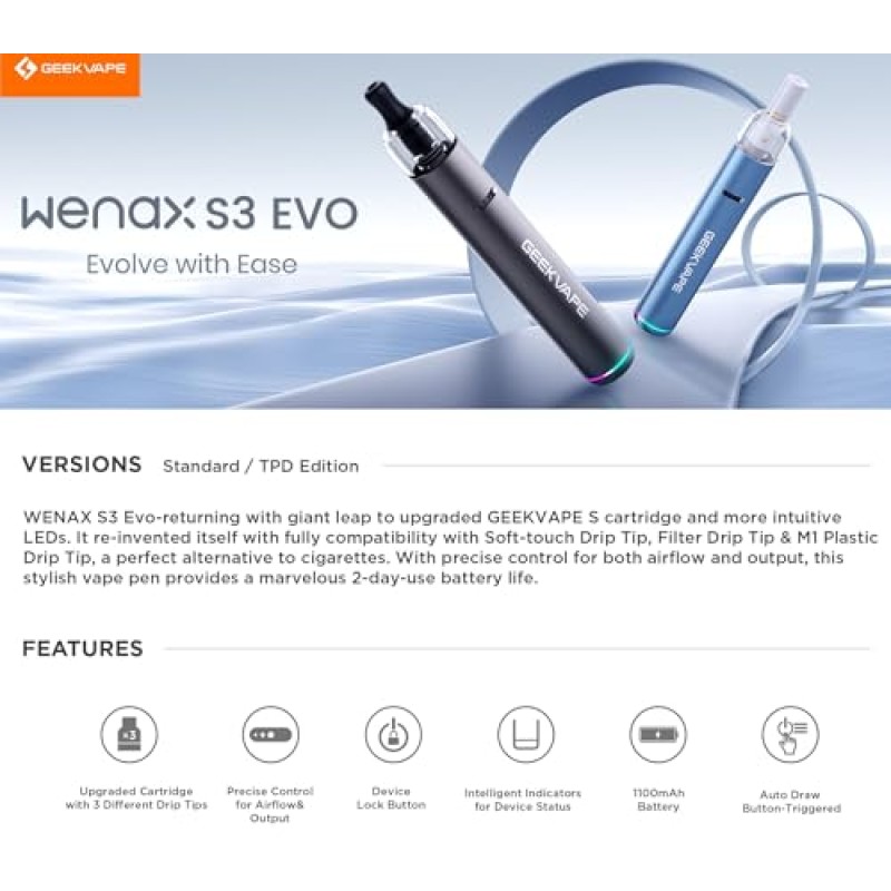 WENAX S3 EVO | GEEKVAPE Wenax S3 (Stylus 3) Pod Kit 18W 1100mAh Batteria | 2ml S Cartuccia 0.8ohm Vaporizzatore - No nicotine, No e-liquid (Blu-) - Blu- WENAX S3 EVO | GEEKVAPE Wenax S3 (Stylus 3) Pod Kit 18W 1100mAh Batteria | 2ml S Cartuccia 0.8ohm Vaporizzatore - No nicotine, No e-liquid (Blu-) - Blu-