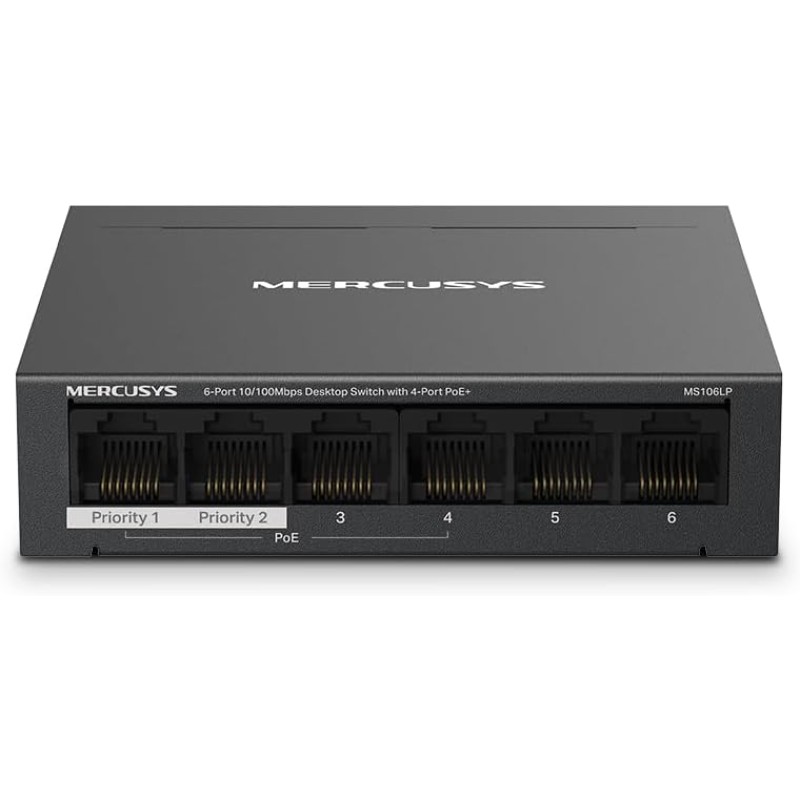 TP-Link Mercusys MS106LP PoE+ Switch 6 Porte con 4 PoE+, 30W per Porta PoE, 40W su Tutte le Porte, 802.3af/at, 2 Porte Uplink per Internet e NVR, Cassa in Metallo, Sdoppiatore Ethernet, Plug&Play