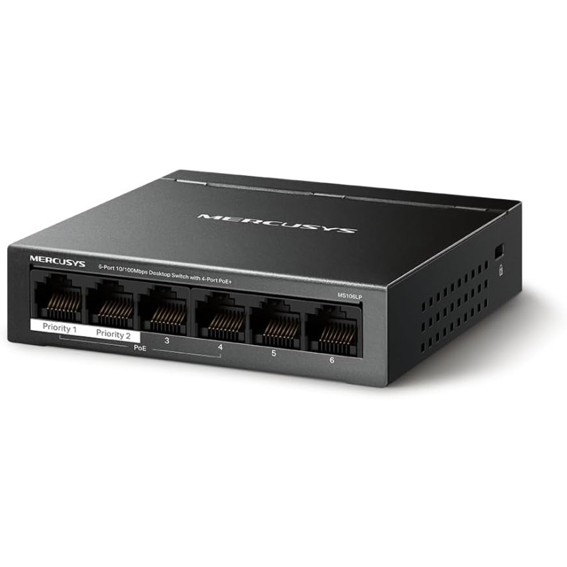 TP-Link Mercusys MS106LP PoE+ Switch 6 Porte con 4 PoE+, 30W per Porta PoE, 40W su Tutte le Porte, 802.3af/at, 2 Porte Uplink per Internet e NVR, Cassa in Metallo, Sdoppiatore Ethernet, Plug&Play