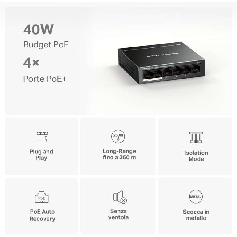 TP-Link Mercusys MS106LP PoE+ Switch 6 Porte con 4 PoE+, 30W per Porta PoE, 40W su Tutte le Porte, 802.3af/at, 2 Porte Uplink per Internet e NVR, Cassa in Metallo, Sdoppiatore Ethernet, Plug&Play