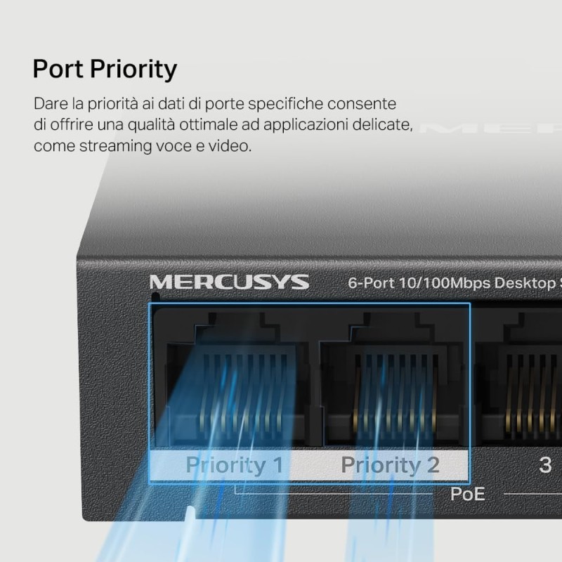 TP-Link Mercusys MS106LP PoE+ Switch 6 Porte con 4 PoE+, 30W per Porta PoE, 40W su Tutte le Porte, 802.3af/at, 2 Porte Uplink per Internet e NVR, Cassa in Metallo, Sdoppiatore Ethernet, Plug&Play