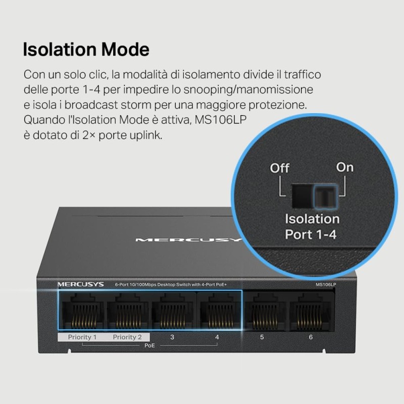 TP-Link Mercusys MS106LP PoE+ Switch 6 Porte con 4 PoE+, 30W per Porta PoE, 40W su Tutte le Porte, 802.3af/at, 2 Porte Uplink per Internet e NVR, Cassa in Metallo, Sdoppiatore Ethernet, Plug&Play