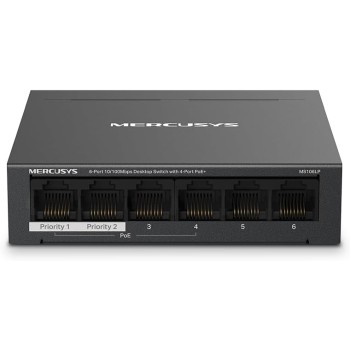TP-Link Mercusys MS106LP PoE+ Switch 6 Porte con 4 PoE+, 30W per Porta PoE, 40W su Tutte le Porte, 802.3af/at, 2 Porte Uplink per Internet e NVR, Cassa in Metallo, Sdoppiatore Ethernet, Plug&Play
