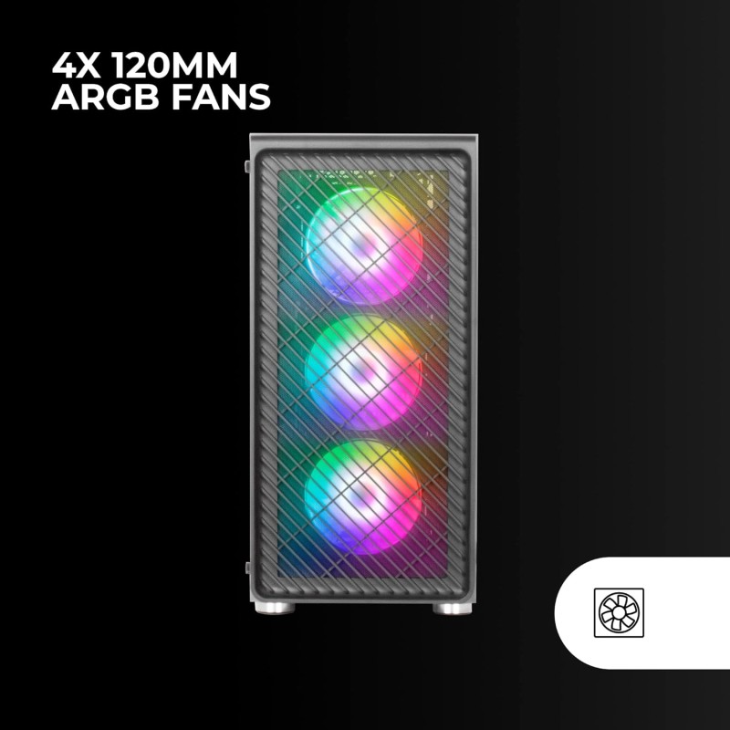 Mars Gaming MC-F, Semitower Gaming ATX, Finestra Vetro Temperato, Parte Frontale Metal-Mesh, 4 Ventole ARGB 120 mm, Nero