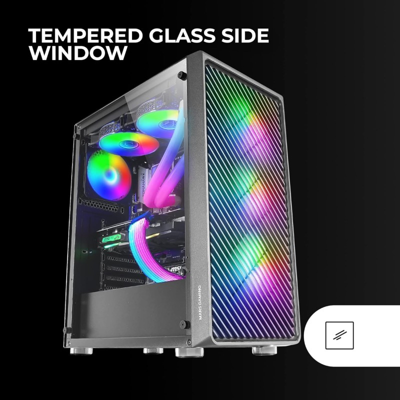 Mars Gaming MC-F, Semitower Gaming ATX, Finestra Vetro Temperato, Parte Frontale Metal-Mesh, 4 Ventole ARGB 120 mm, Nero