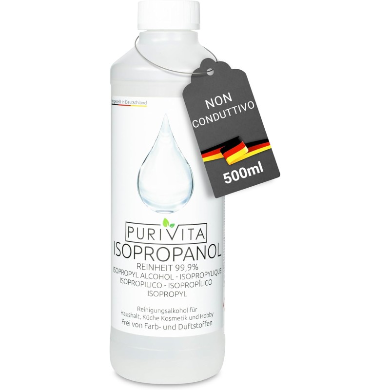PURIVITA® Alcool Isoproilico 99,9% [500ML] - Alcol Isopropanolo - Isopropyl Alcohol Disinfettante - Alcool Denaturato Etilico - Isopropanol Detergente per Casa, l'industria & l'elettronica - 500 ml (Confezione da 1)
