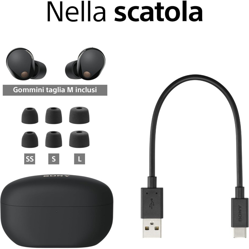 Sony WF-1000XM5 Cuffie Wireless con Noise Cancelling, Bluetooth, Cuffie In-Ear con Microfono, Fino a 24 ore di durata della batteria e Ricarica Rapida, IPX4, Funziona con iOS e Android -Nero - Nero