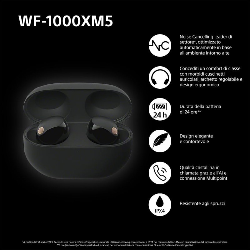 Sony WF-1000XM5 Cuffie Wireless con Noise Cancelling, Bluetooth, Cuffie In-Ear con Microfono, Fino a 24 ore di durata della batteria e Ricarica Rapida, IPX4, Funziona con iOS e Android -Nero - Nero