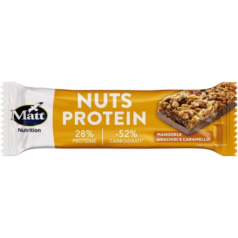 Matt Nutrition, Nuts Protein, Barretta Proteica Gusto Arachidi e Caramello, Barretta Ricca di Proteine e a Basso Contenuto di Carboidrati, Snack con Proteine Vegetali, Confezione da 38g
