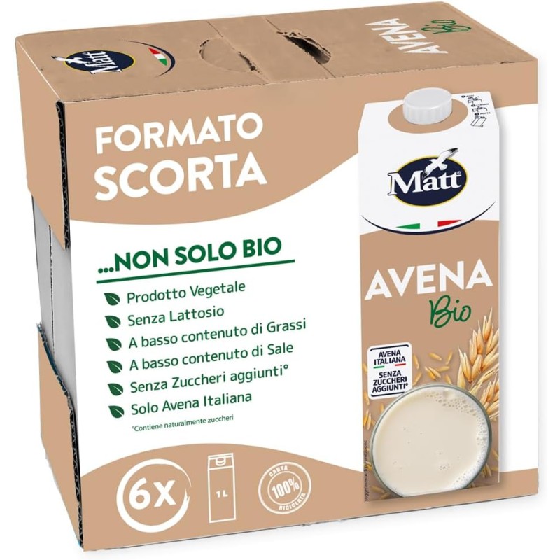 Matt, Avena Bio, Bevanda Vegetale Senza Lattosio e Senza Zuccheri Aggiunti, Bevanda Fresca e Dissetante a Basso Contenuto di Grassi, Gusto Delicato e Dolce, Alimentazione Sana, Confezione da 6x1L