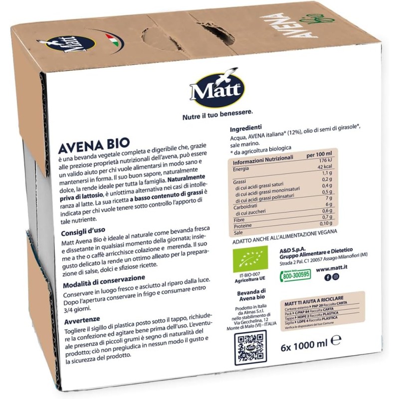 Matt, Avena Bio, Bevanda Vegetale Senza Lattosio e Senza Zuccheri Aggiunti, Bevanda Fresca e Dissetante a Basso Contenuto di Grassi, Gusto Delicato e Dolce, Alimentazione Sana, Confezione da 6x1L