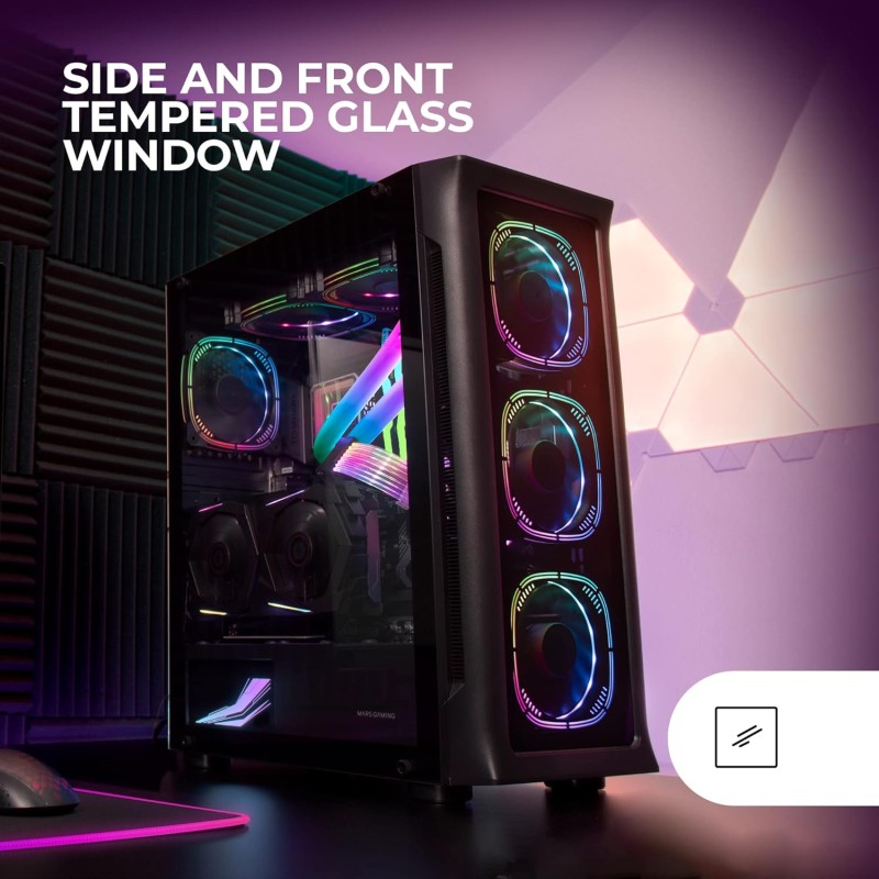 Mars Gaming MC-NEO, Torre Gaming XXL E-ATX, Finestra Frontale e Laterale Vetro Temperato, 4 Ventole ARGB 120mm + Ventola 120mm, Sistema CPU Freezer, Nero